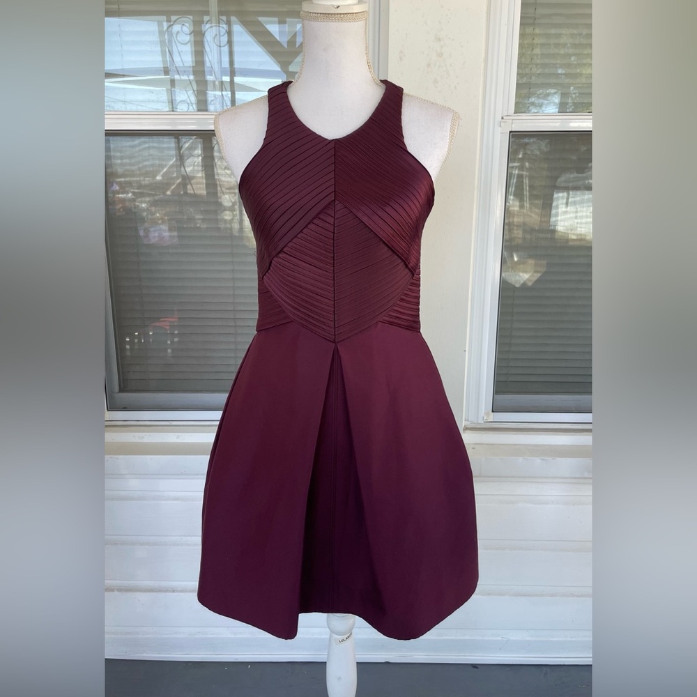 Halston Heritage Womens Syrah Sleeveless Satin Stripe Dress Burgundy Silk